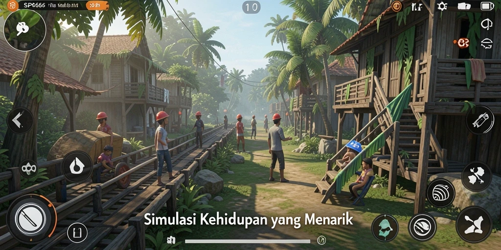 Screenshot gameplay SP666 yang menunjukkan interaksi karakter dalam simulasi kehidupan.
