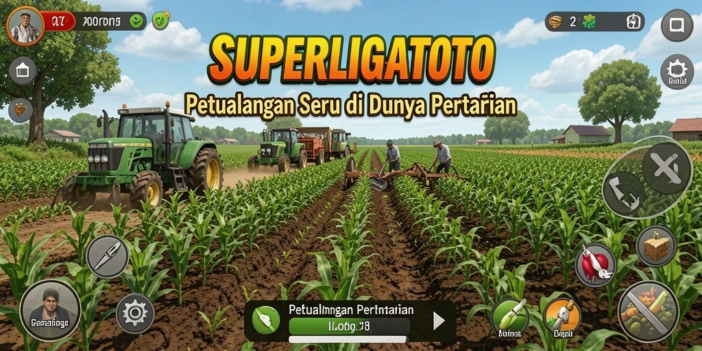 Tampilan gameplay SUPERLIGATOTO yang memukau dengan nuansa pertanian.